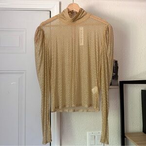 NWT FOR LOVE & LEMONS tan sheer mesh knit rhinestone turtleneck cropped top